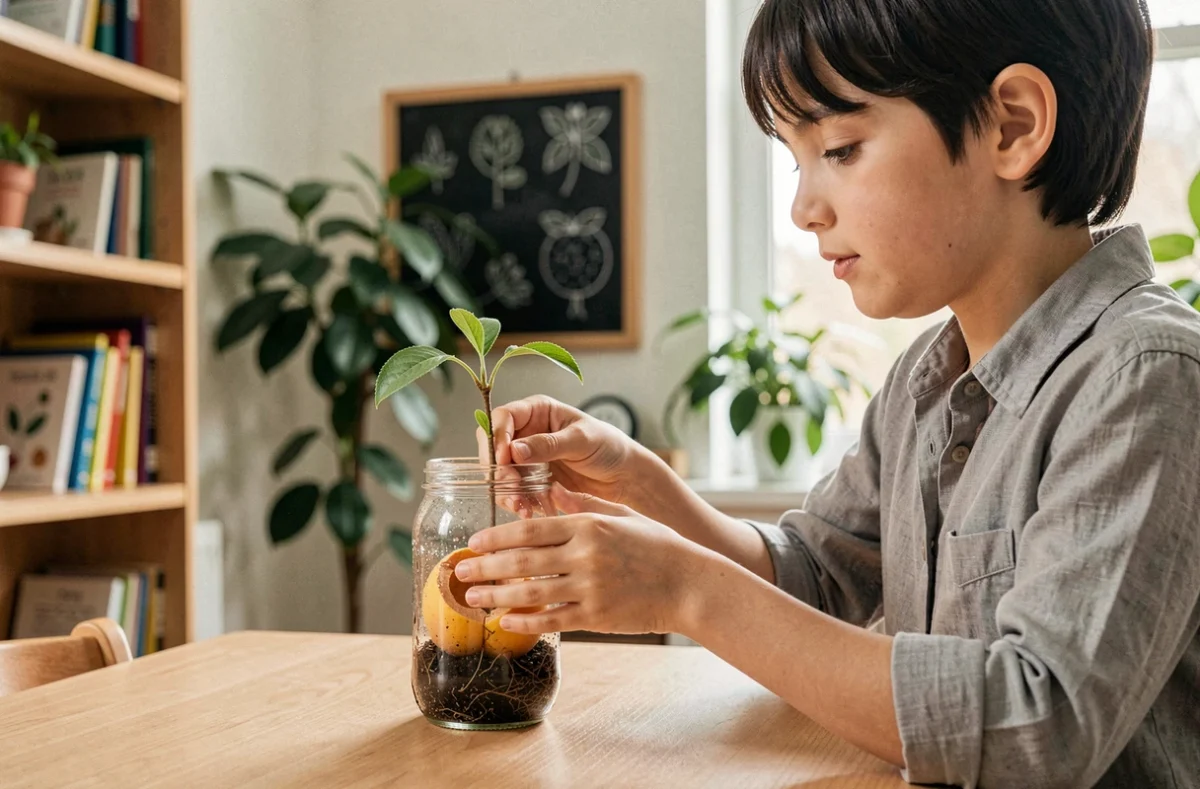 Adulte aidant un enfant à arroser une plantule issue d'un noyau d'abricot dans un bocal en verre