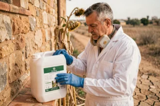 Agriculteur espagnol lisant l'étiquette d'un bidon de glyphosate 5 litres près d'une ferme andalouse
