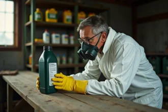 Agriculteur en équipement de protection individuelle lisant la notice de sécurité d'un désherbant dans un hangar agricole