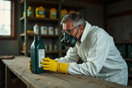 Agriculteur en équipement de protection individuelle lisant la notice de sécurité d'un désherbant dans un hangar agricole