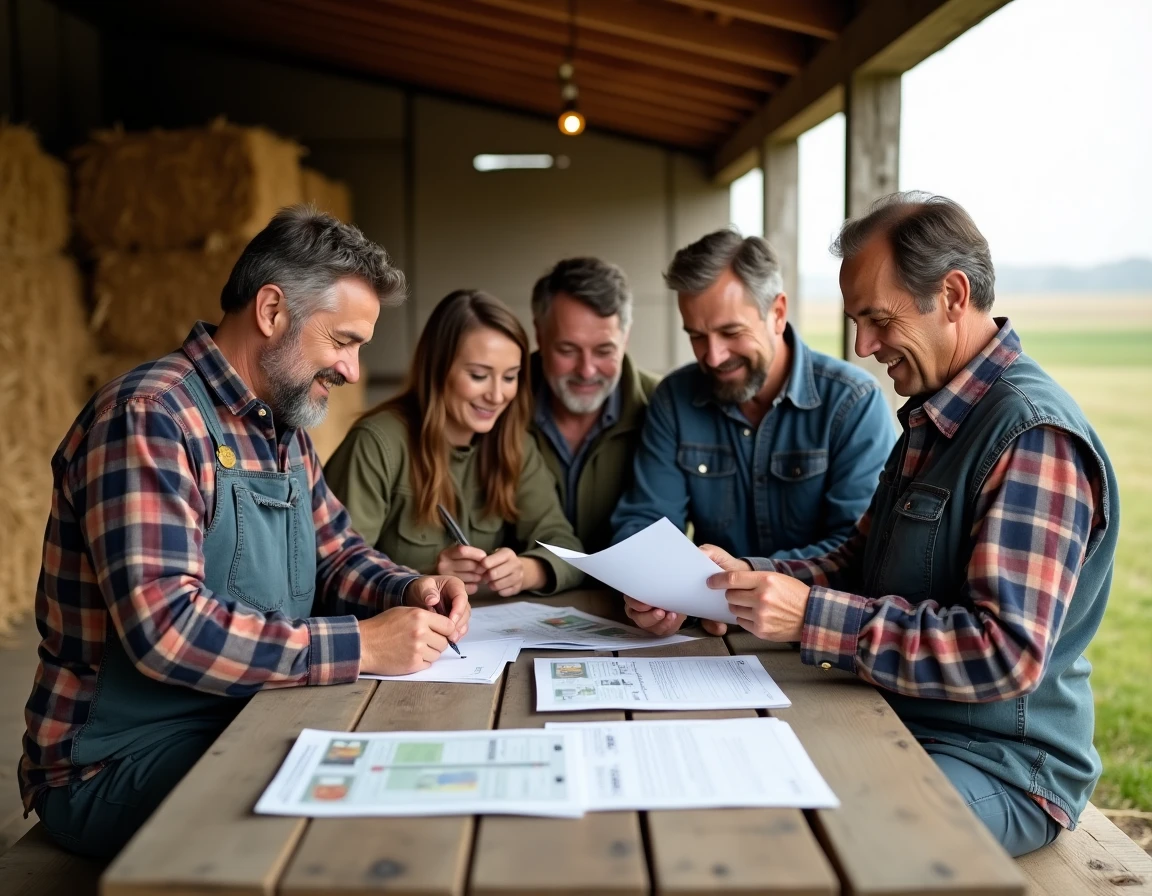Agriculteurs réunis autour d'une table rustique pour planifier un achat groupé de fournitures agricoles