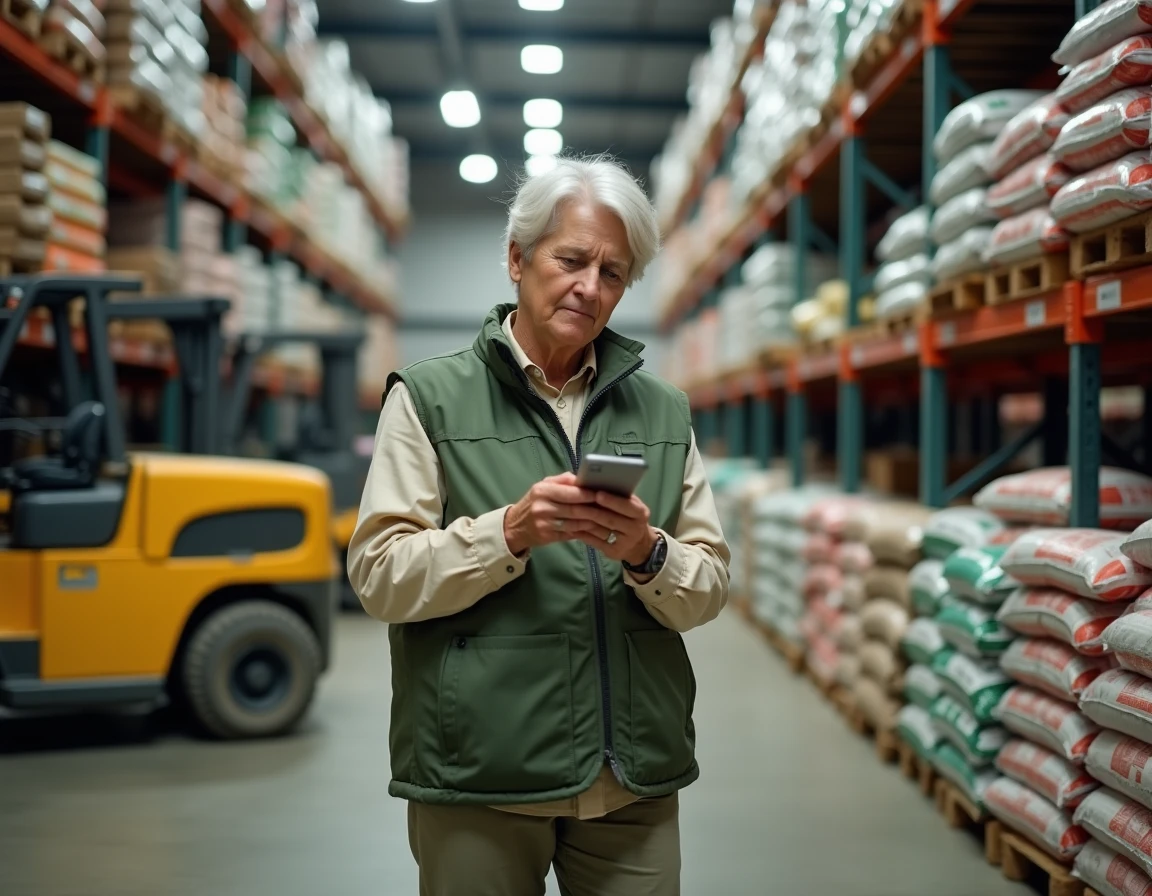 Agricultrice comparant des prix de semences dans un magasin agricole spécialisé pour optimiser ses achats groupés