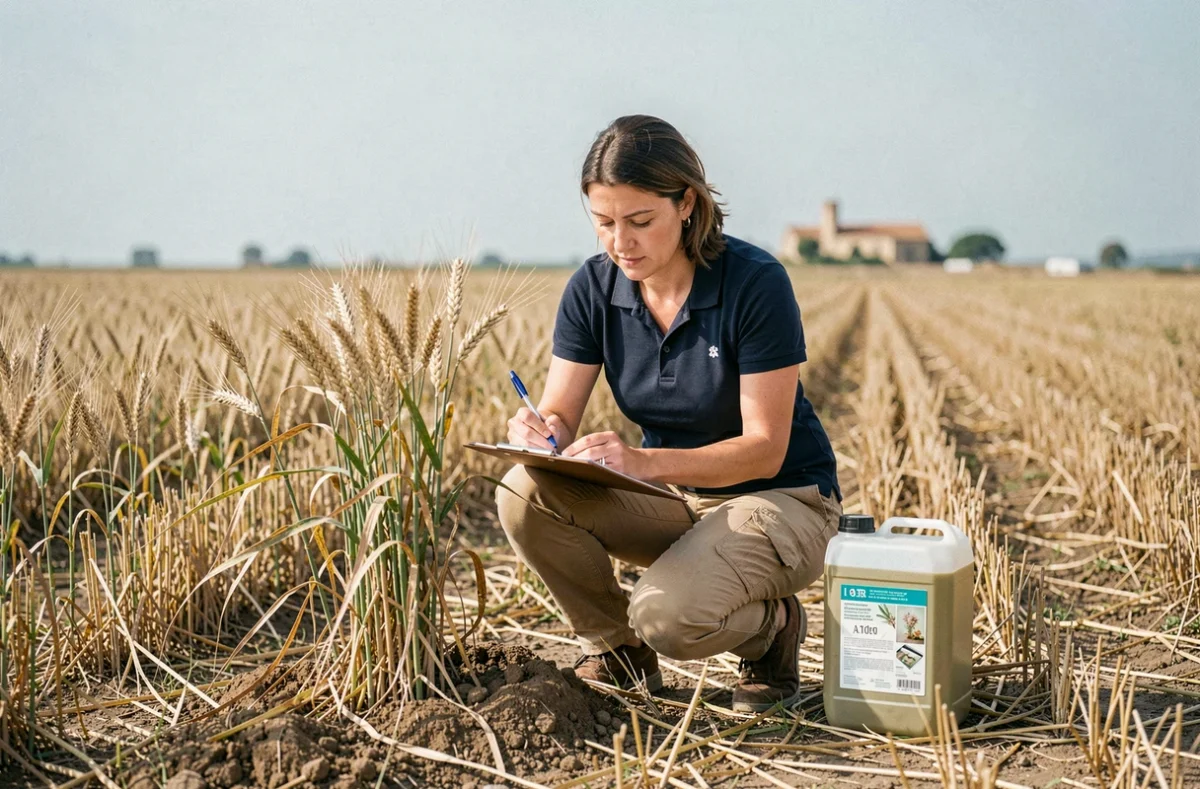 Agronome espagnole inspectant un champ agricole avec un bidon de glyphosate 5 litres et prise de notes réglementaires