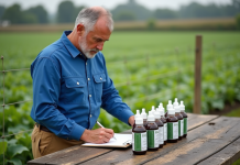 Fongicide le plus utilisé : comparatif des principaux produits du marché Agronome examine des bouteilles de fongicide dans un champ