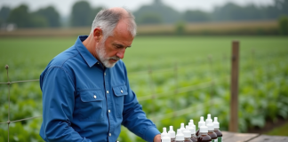 Fongicide le plus utilisé : comparatif des principaux produits du marché Agronome examine des bouteilles de fongicide dans un champ