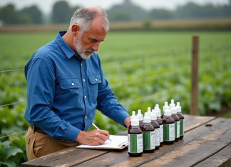 Fongicide le plus utilisé : comparatif des principaux produits du marché Agronome examine des bouteilles de fongicide dans un champ