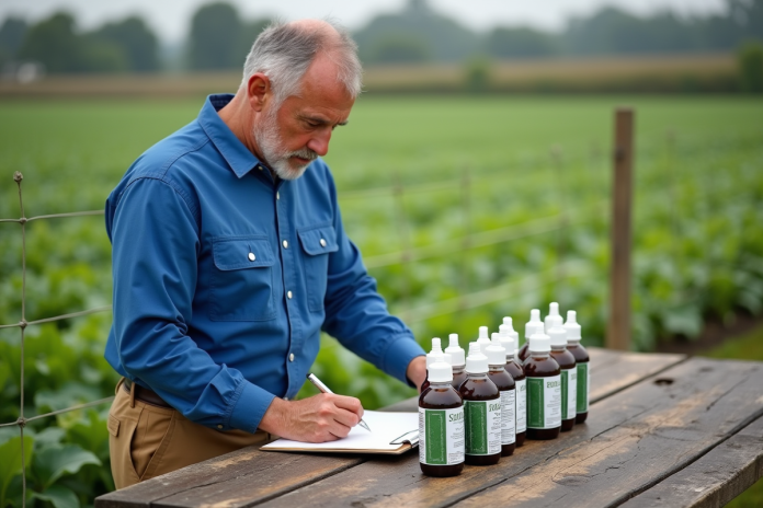 agronome-examen-fongicides Agronome examine des bouteilles de fongicide dans un champ