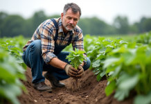 Booster de racines : comprendre son action et ses bienfaits en agriculture Agronome examinant des racines dans un champ vert