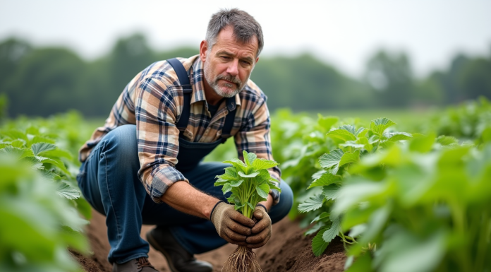 Booster de racines : comprendre son action et ses bienfaits en agriculture Agronome examinant des racines dans un champ vert