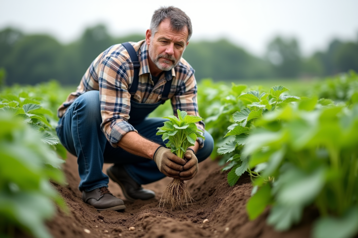 agronome-examen-racines-culture Agronome examinant des racines dans un champ vert