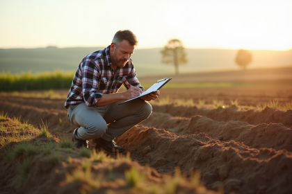 Agronome au champ examinant un échantillon de sol