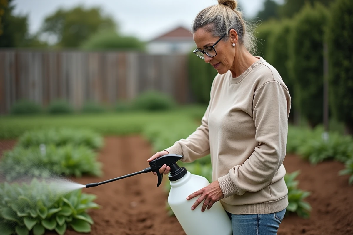 Femme appliquant un désherbant avec un pulvérisateur manuel dans un jardin potager en respectant les consignes de sécurité