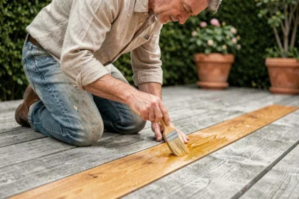Homme appliquant de l'huile de teck sur une terrasse en bois grisé avec un pinceau en soies naturelles