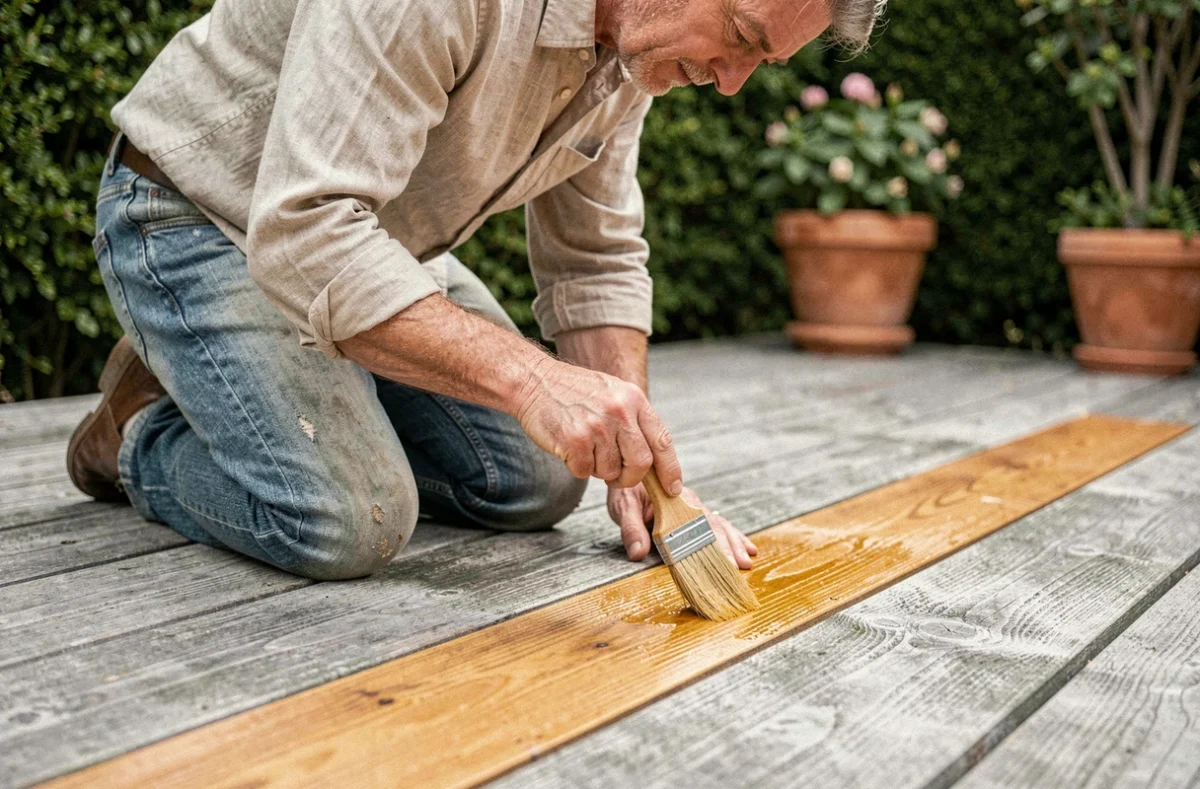 Homme appliquant de l'huile de teck sur une terrasse en bois grisé avec un pinceau en soies naturelles