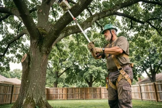 Arboriste professionnel élagage sommet d'un grand chêne avec équipement de sécurité dans un jardin suburban