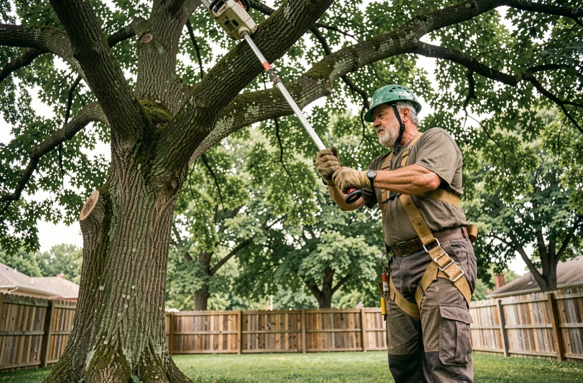 Arboriste professionnel élagage sommet d'un grand chêne avec équipement de sécurité dans un jardin suburban