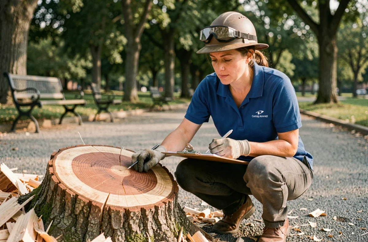Arboriste professionnelle inspectant les cernes de croissance d'une souche d'arbre fraîchement coupée dans un parc urbain après abattage