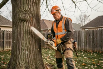 Arboriste professionnel équipé de protections complètes procédant à l'abattage d'un grand chêne dans un jardin résidentiel en automne