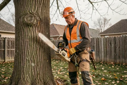 Arboriste professionnel équipé de protections complètes procédant à l'abattage d'un grand chêne dans un jardin résidentiel en automne