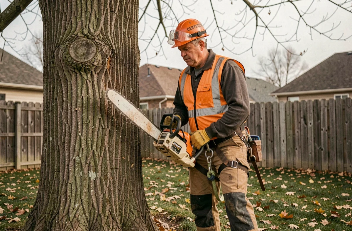 Arboriste professionnel équipé de protections complètes procédant à l'abattage d'un grand chêne dans un jardin résidentiel en automne