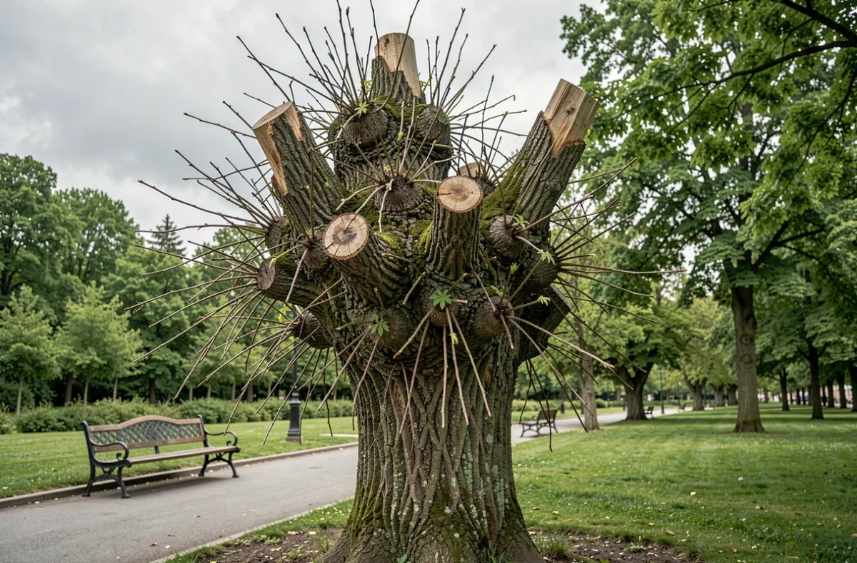 Arbre têtard mal étêté dans un parc urbain avec rejets épicormiques et cicatrices visibles sur les grosses branches