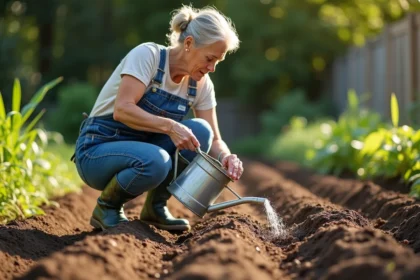Femme arrosant des rangées de pommes de terre nouvellement plantées avec un arrosoir en métal dans un potager ensoleillé