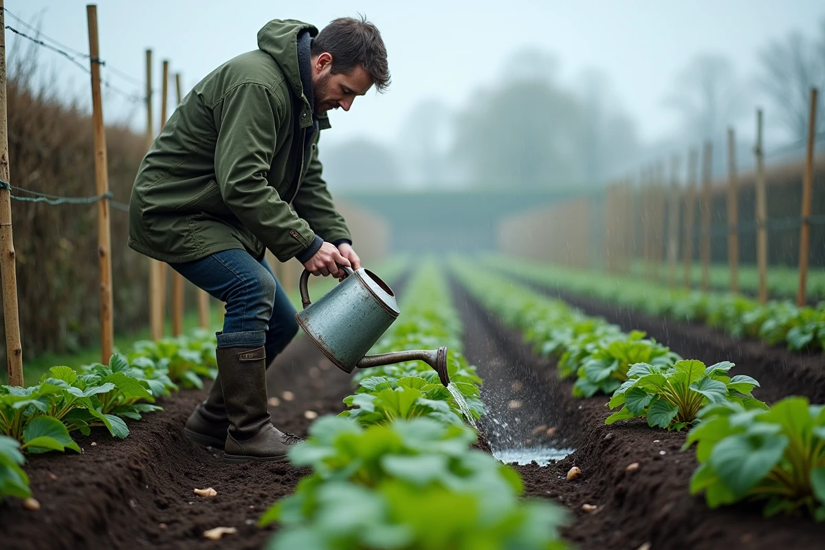 Homme arrosant des semis de haricots avec un arrosoir après la pluie dans un potager