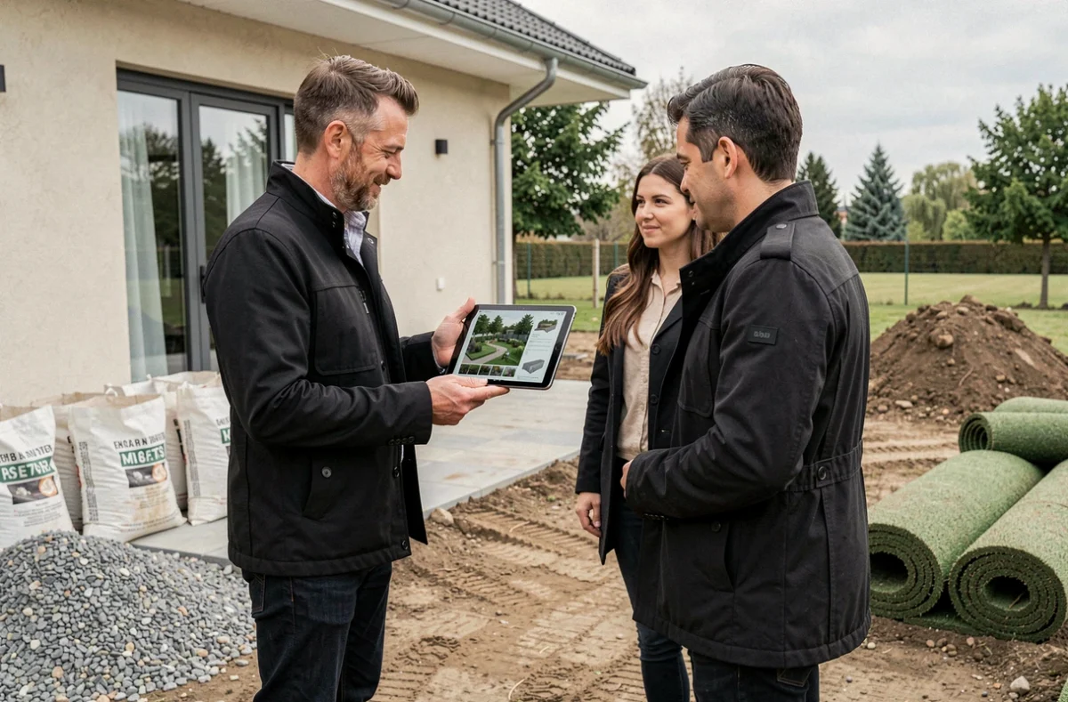 Designer d'Artopia Services présentant un projet d'aménagement paysager sur tablette à des clients devant leur maison dans la Marne