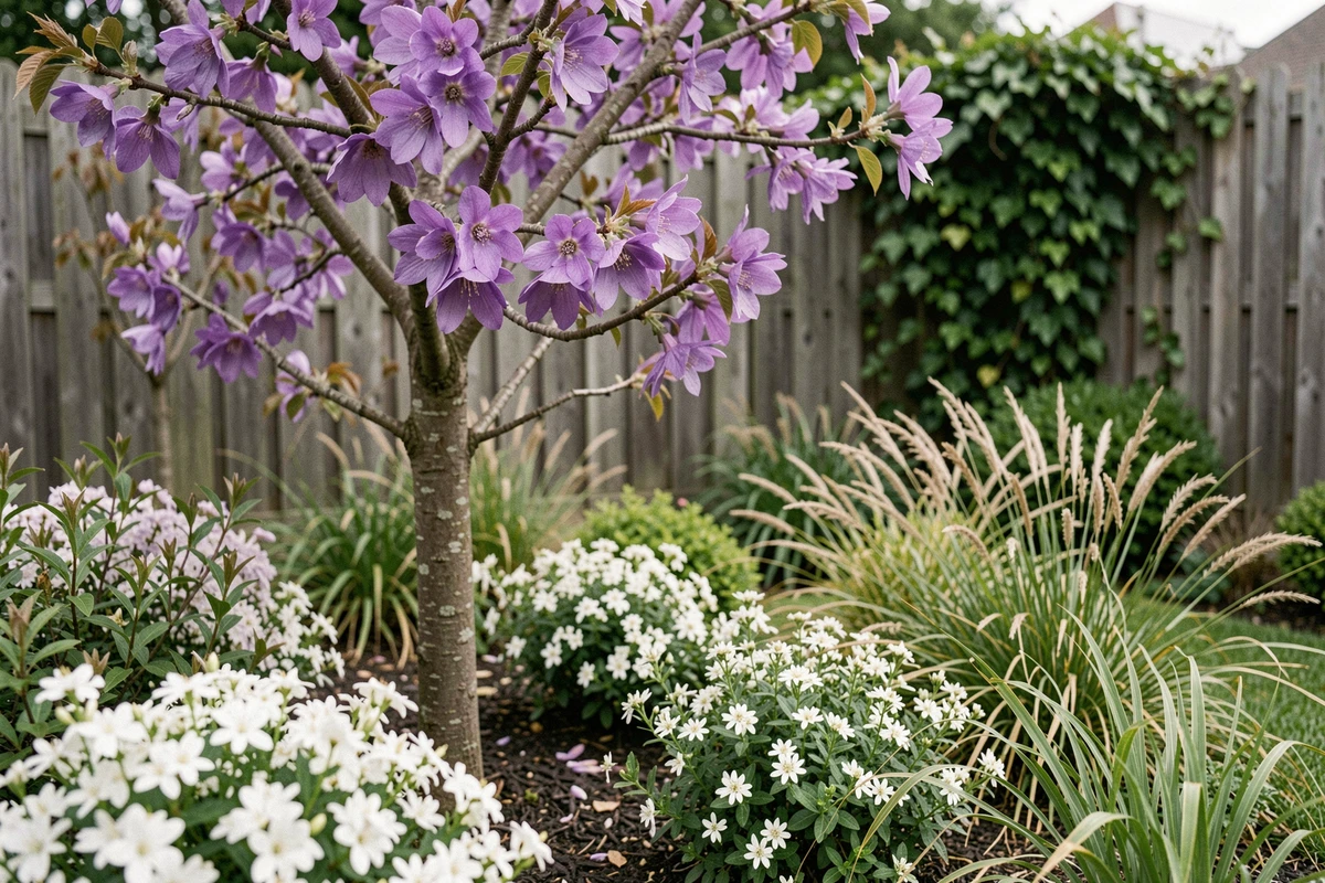 Association réussie d'un paulownia à fleurs violettes avec des arbustes blancs et des graminées ornementales en bordure de haie résidentielle