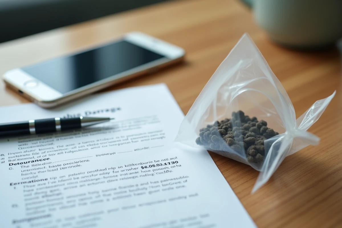 Document d'assurance habitation posé sur un bureau avec des crottes de loir dans un sachet transparent