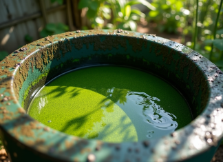 Algues dans récupérateur eau de pluie : comment les éviter efficacement ? Bac de collecte d'eau de pluie avec algues visibles
