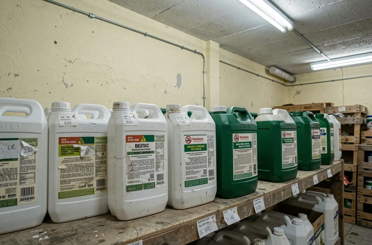 Rayonnage de bidons d'herbicide 5 litres dans une coopérative agricole espagnole avec étiquetage réglementaire