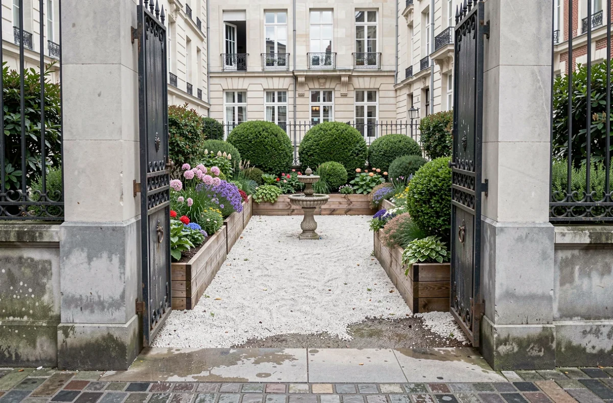 Jardin urbain entretenu par Bloem à Lille avec massifs fleuris, gravier et portail en fer forgé