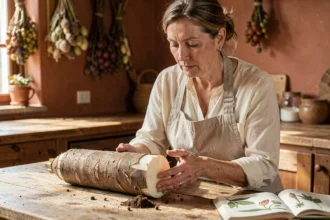 Botaniste examinant une racine de yucca fraîchement récoltée sur une table en bois rustique dans une cuisine traditionnelle