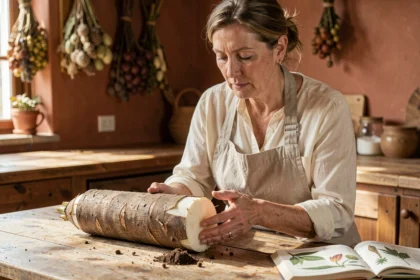 Botaniste examinant une racine de yucca fraîchement récoltée sur une table en bois rustique dans une cuisine traditionnelle