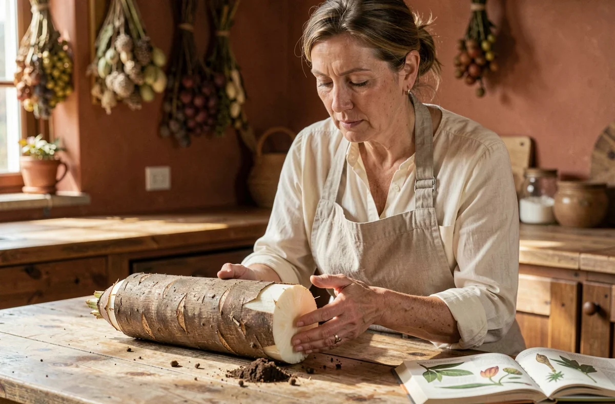 Botaniste examinant une racine de yucca fraîchement récoltée sur une table en bois rustique dans une cuisine traditionnelle