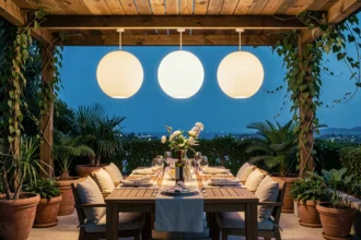 Boules d'éclairage extérieur suspendues sous une pergola en bois au-dessus d'une terrasse dressée pour le dîner au crépuscule