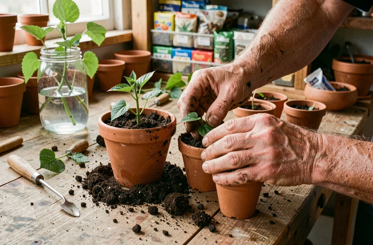 Mains d'un jardinier réalisant le bouturage d'hibiscus dans des petits pots en terre cuite sur un établi de serre