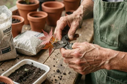 Mains d'une jardinière coupant une bouture d'érable du Japon aux feuilles rouge vif sur un établi de rempotage en bois