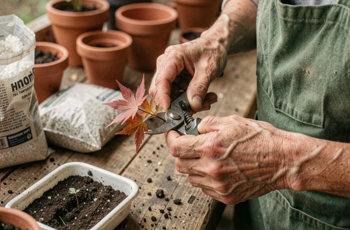 Mains d'une jardinière coupant une bouture d'érable du Japon aux feuilles rouge vif sur un établi de rempotage en bois