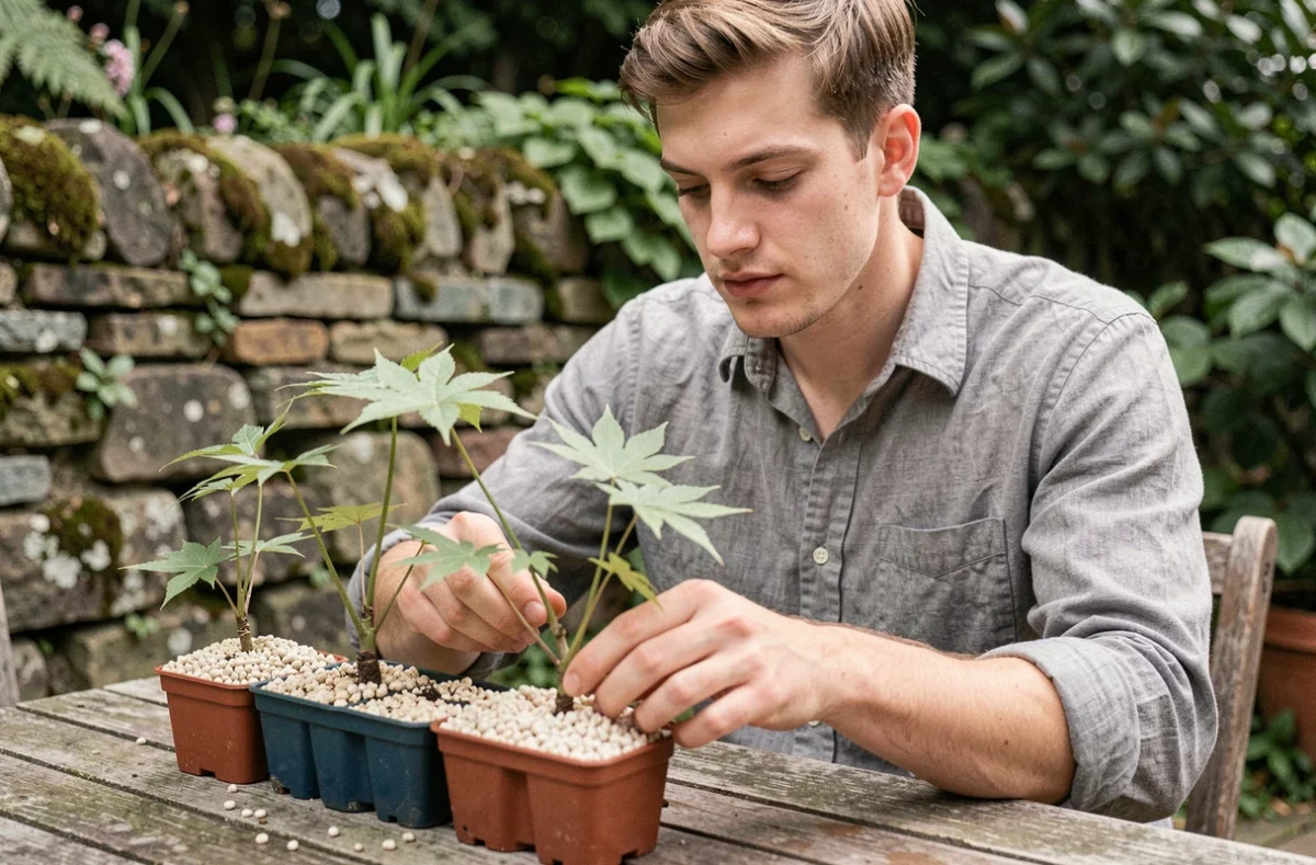 Jeune homme insérant des boutures d'érable du Japon dans des petits pots de pépinière sur une terrasse de jardin ombragée