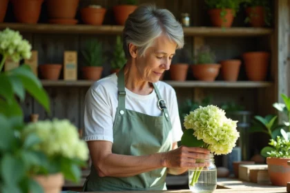 Femme qui effectue une bouture d'hortensia dans un bocal en verre rempli d'eau dans un atelier de jardinage rustique