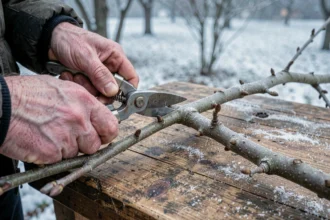 Mains d'un jardinier qui taille une bouture de noyer en hiver sur un établi en bois givré