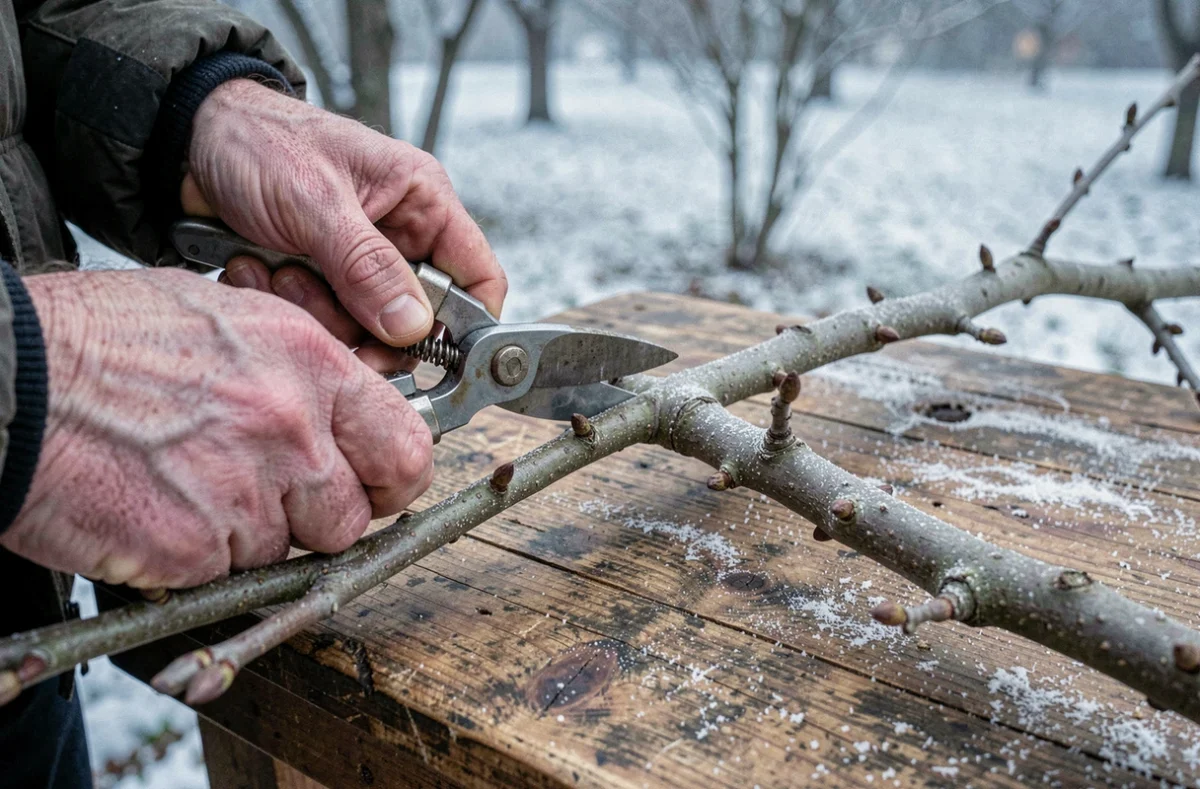 Mains d'un jardinier qui taille une bouture de noyer en hiver sur un établi en bois givré