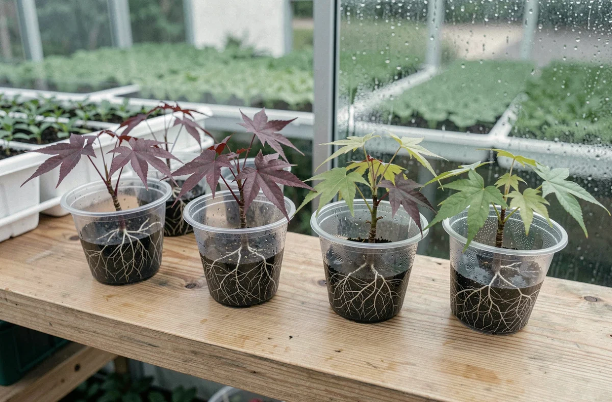 Boutures d'érable du Japon enracinées dans des godets transparents sur une étagère de serre avec racines blanches visibles