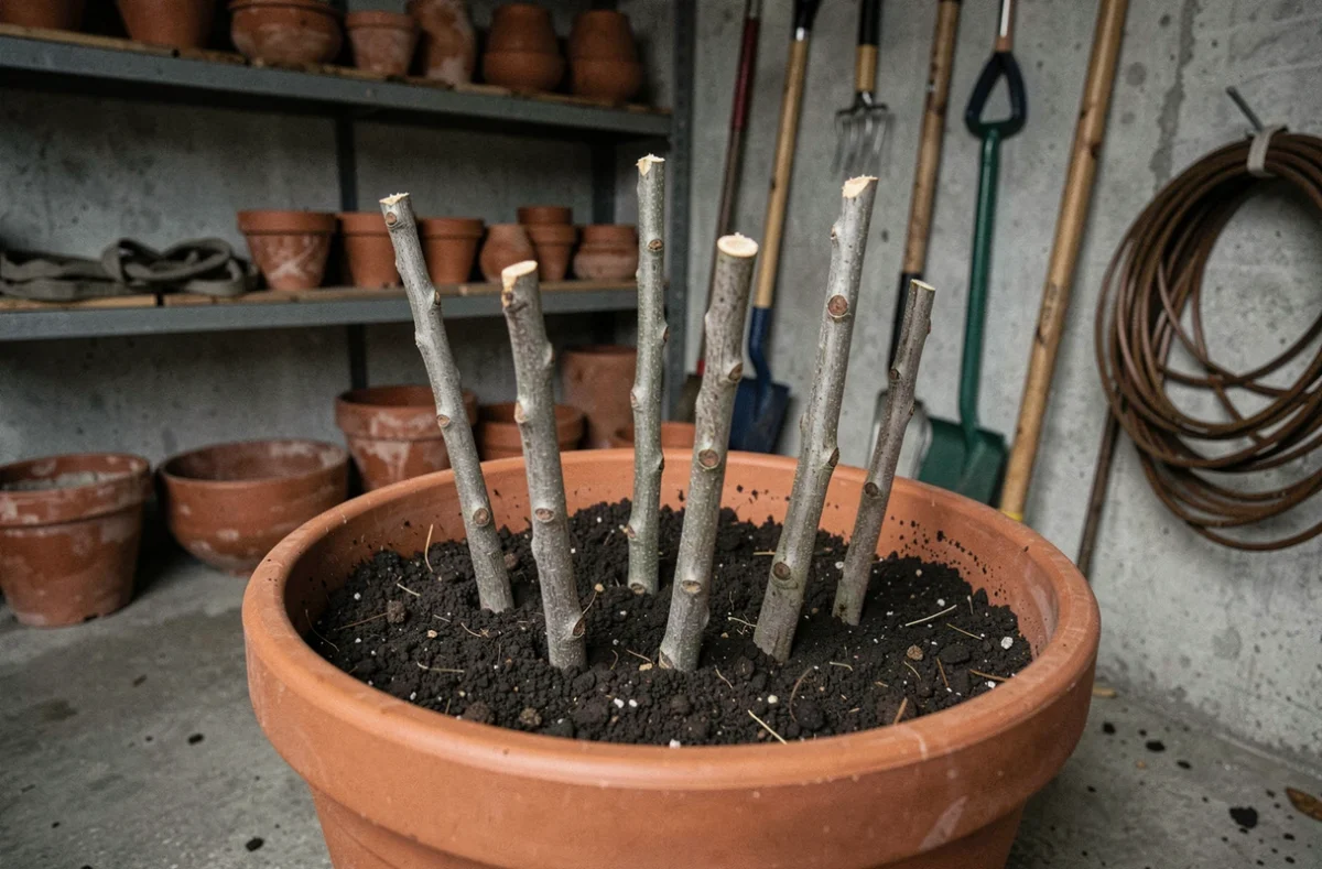 Boutures de noyer plantées dans un pot en terre cuite dans un abri de jardin en hiver