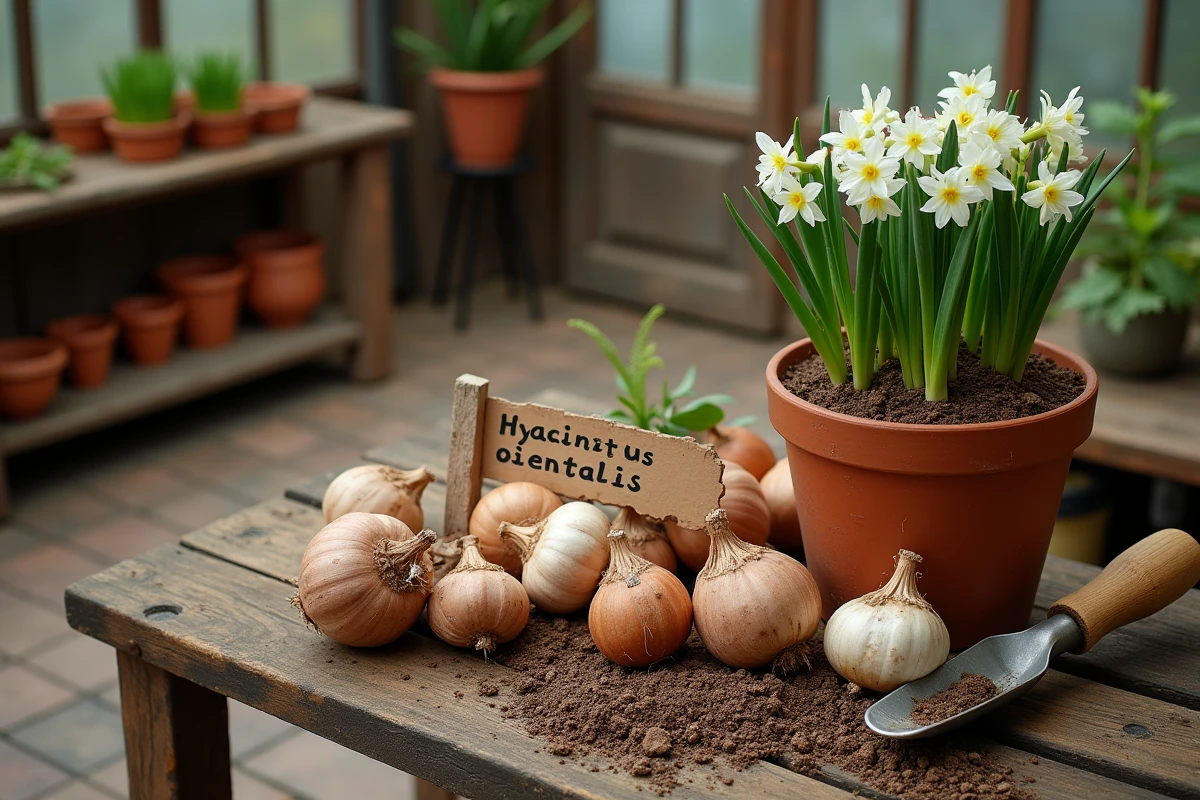 Bulbes de jacinthe orientalis et matériel de plantation sur un établi de jardinage en bois