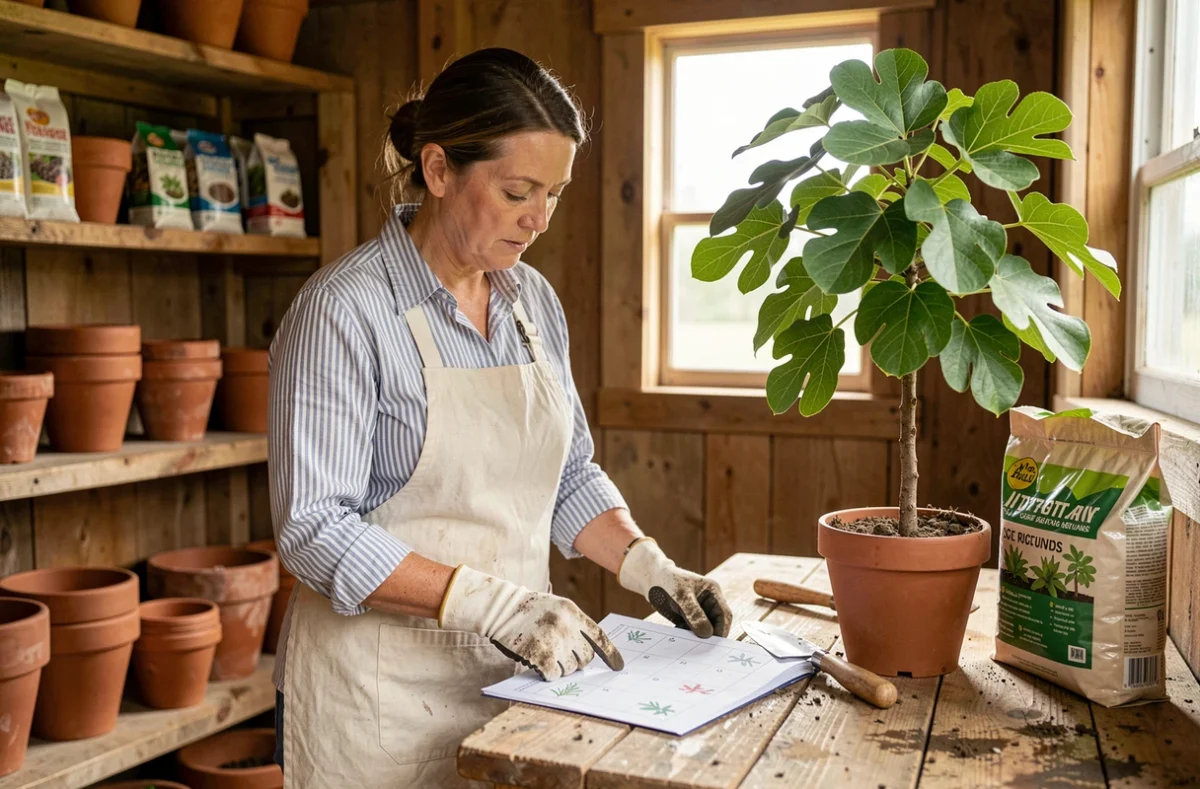 Femme consultant un calendrier de plantation à côté d'un figuier en pot dans un atelier de jardinage rustique