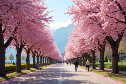 Allée de cerisiers en fleurs dans un parc d'Annecy au printemps avec vue sur le lac et les Alpes
