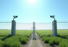 Champ rural avec clôture moderne et caméra de surveillance